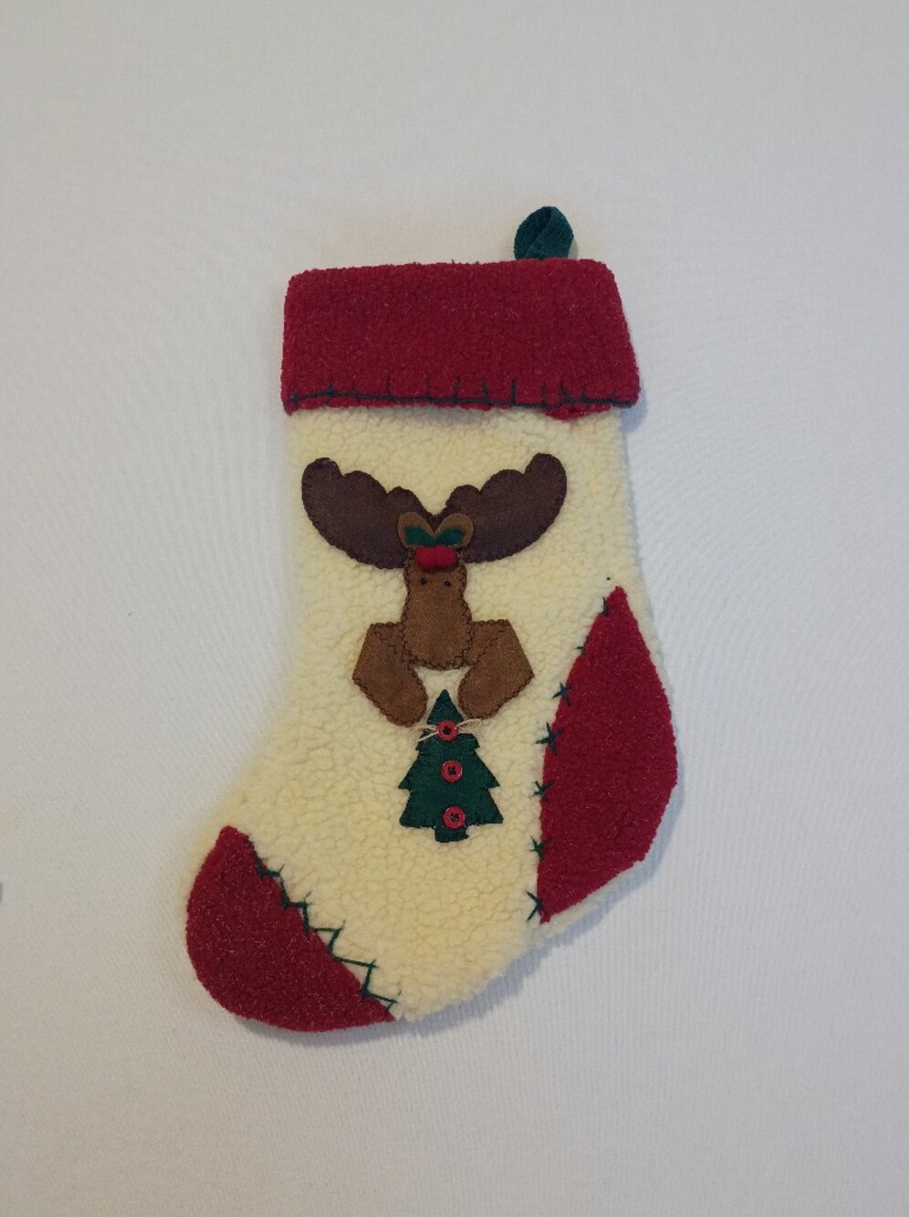 Rustic Fleece Moose Christmas Stocking Cream Sherpa Woodland Holiday Decor